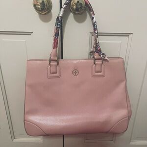 Tory Burch Blush Pink Tote with Floral Handles